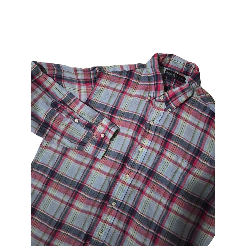 Vintage Ralph Lauren Mens L 100% Linen Check Plaid Oxford Shirt Preppy Old Money